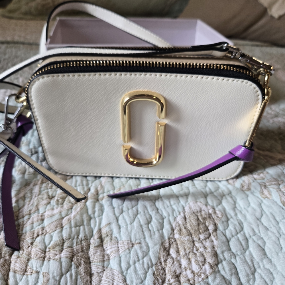 Marc Jacobs White Snapshot Small Camera Bag with Purple Accent